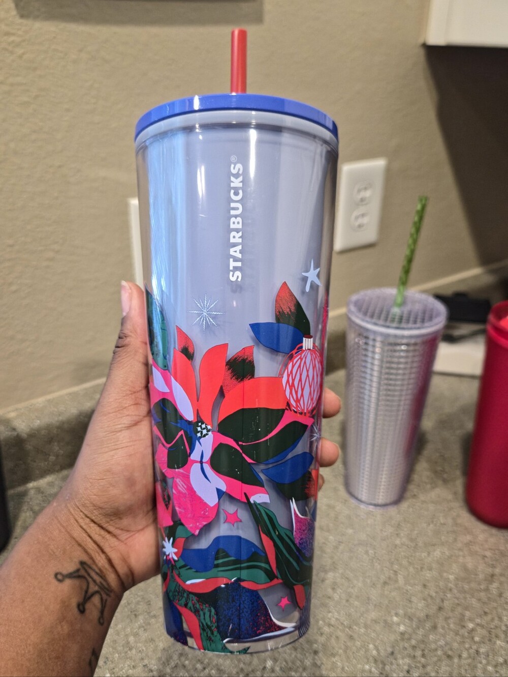 Starbucks Light Blue Tumbler With Floral Design